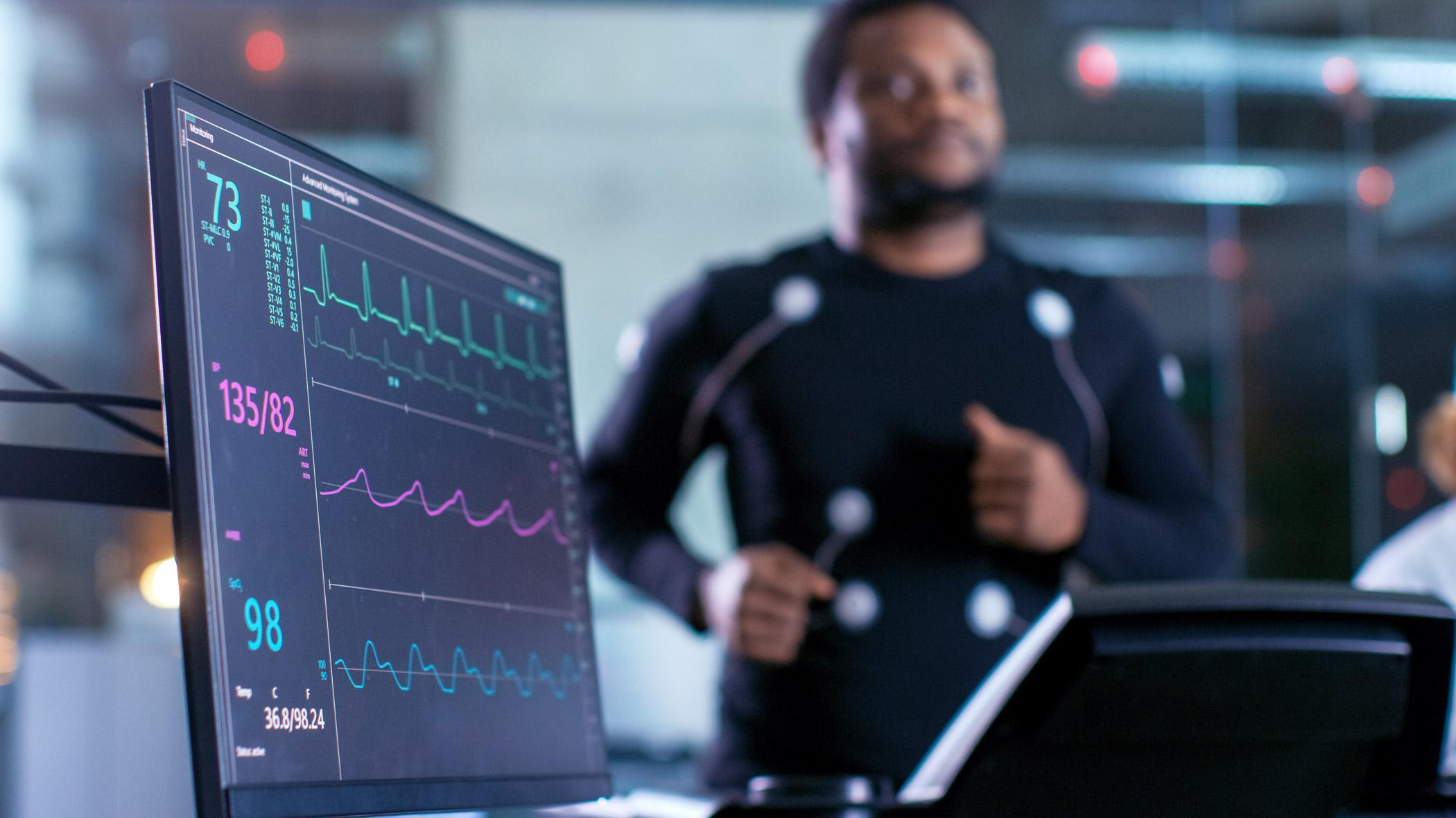 Cardiovascular Health and Rehabilitation MSc training using advanced monitoring equipment, analysing heart rate, blood pressure, and physiological data to support cardiac health, exercise rehabilitation, and clinical assessment.