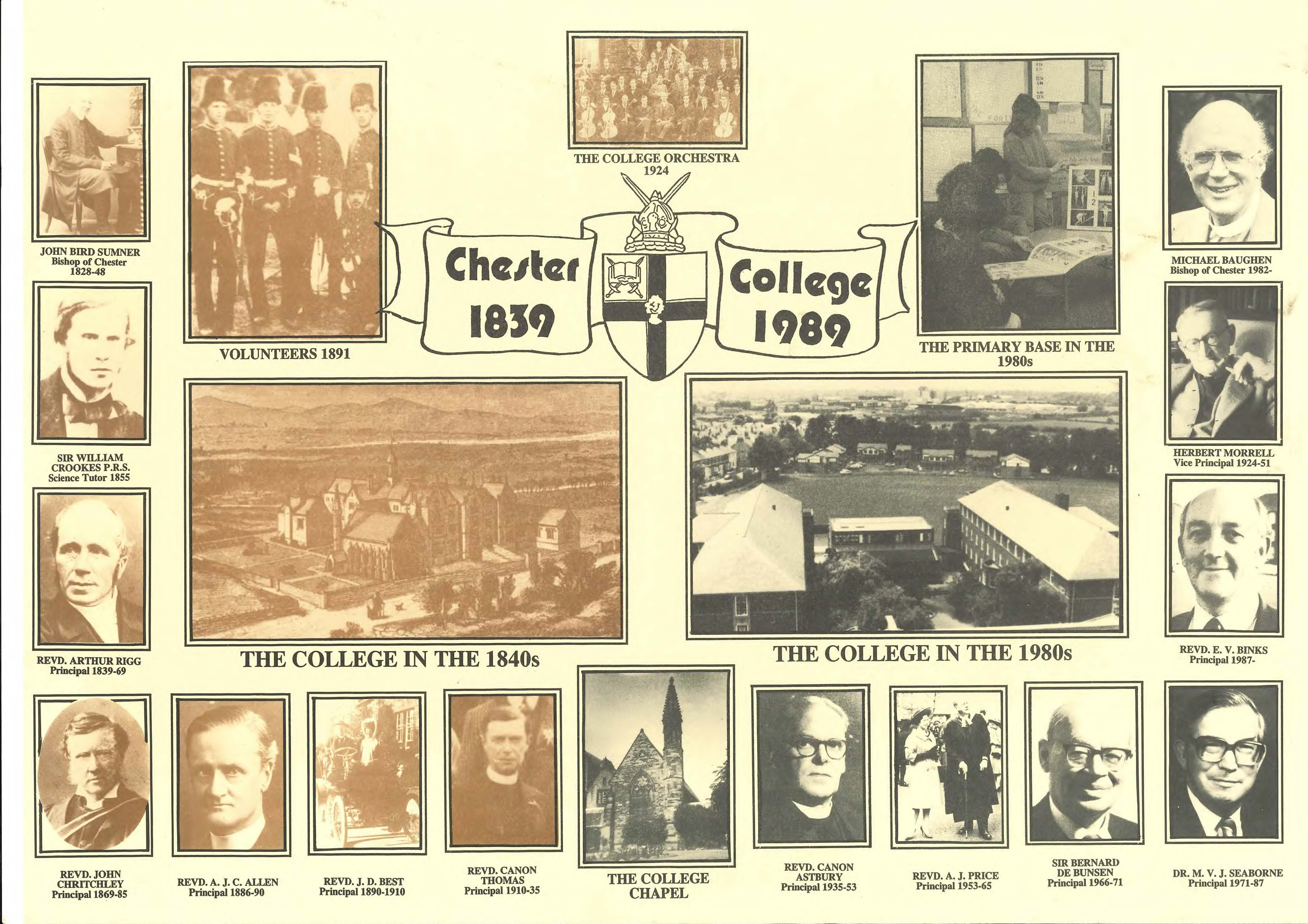 Poster to commemorative the 150th anniversary of Chester College with pictures of the College and former Principals