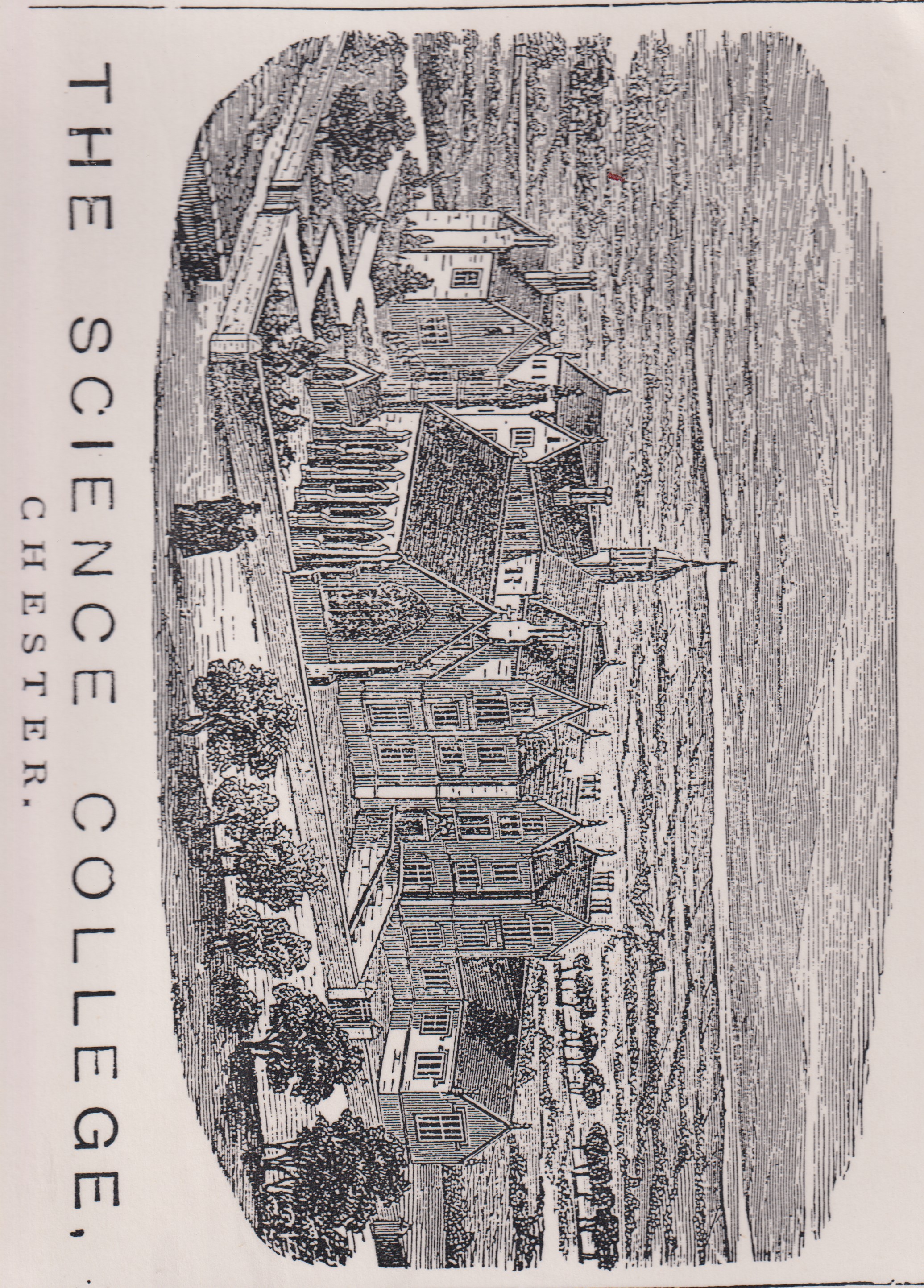 Etching of Science College Chester c.1890s showing Old College and Chapel with Welsh hills in the background