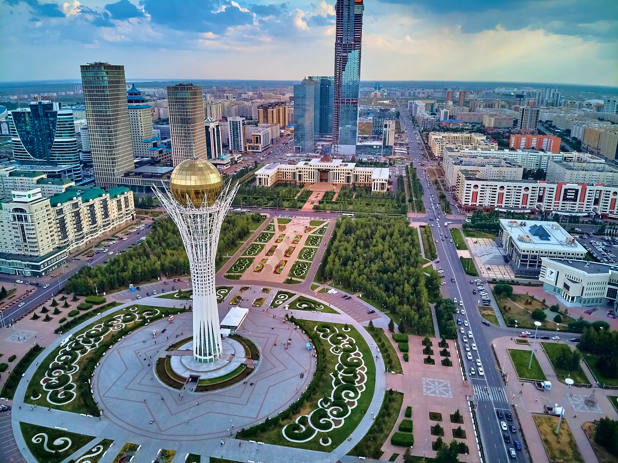 View of Nursultan (Astana) city centre with skyscrapers and Baiterek Tower.