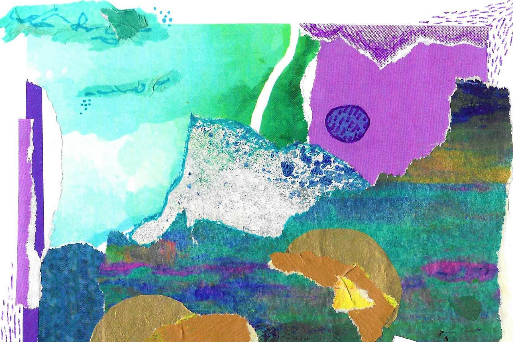 Abstract mixed-media artwork with layered textures, vibrant colours and expressive forms, representing creative expression, emotional exploration and therapeutic practice in Art Therapy MA.