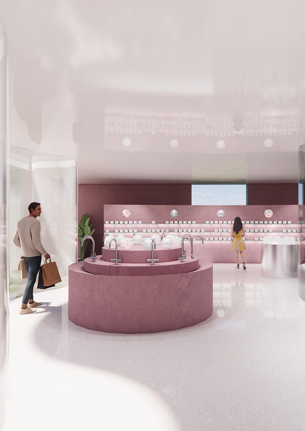Interior Design BA (Hons) student concept showing a modern retail space with curved forms, soft lighting, and pink tones.