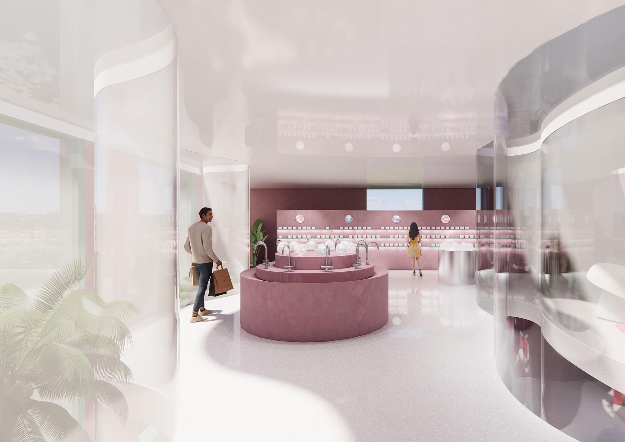 Interior Design BA (Hons) student concept showing a modern retail space with curved forms, soft lighting, and pink tones.