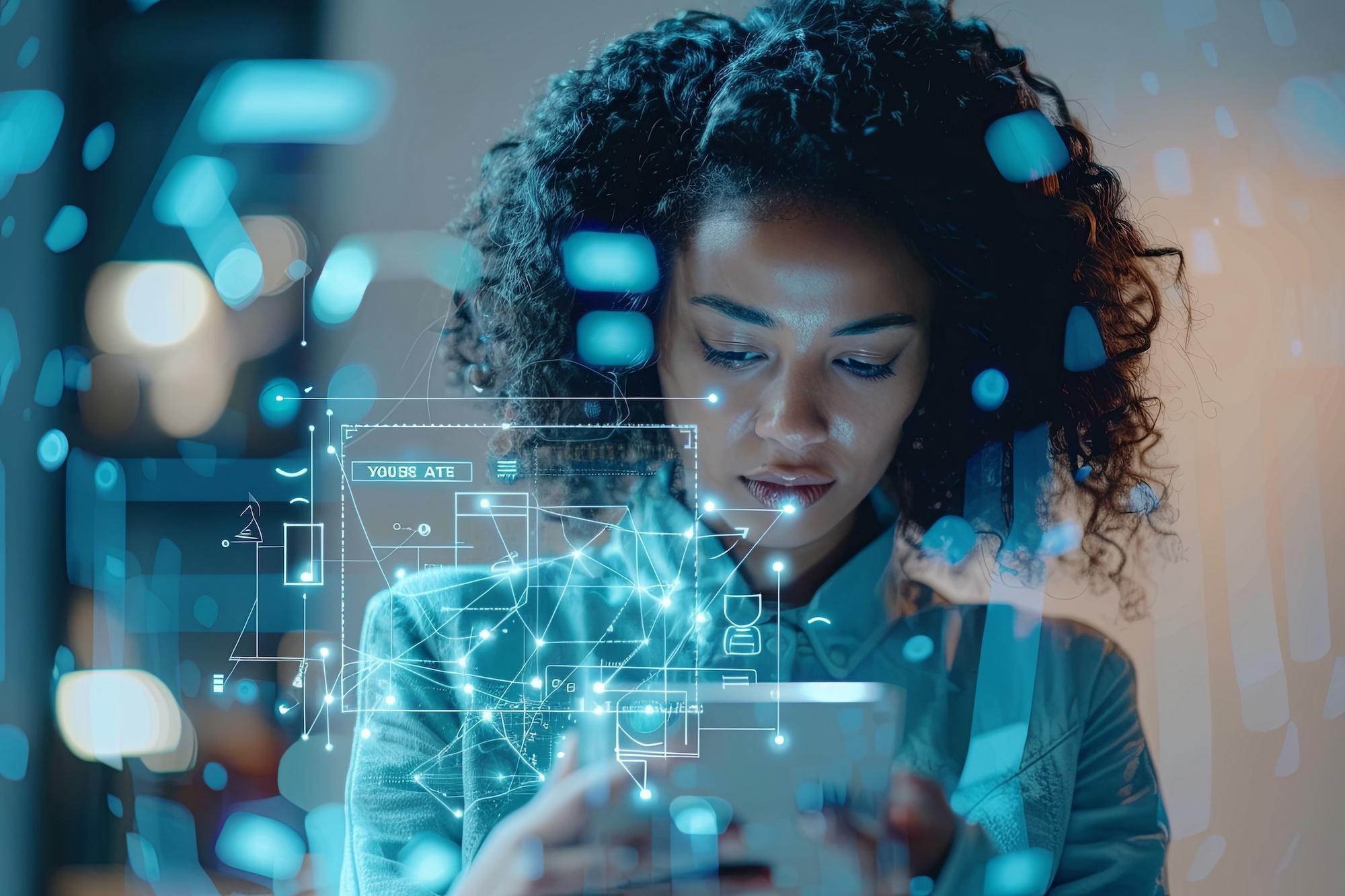 Student studying on smartphone with digital AI graphics overlay, representing Cybersecurity with Artificial Intelligence BSc (Hons) degree program focused on data protection, ethical hacking, and AI-driven security.