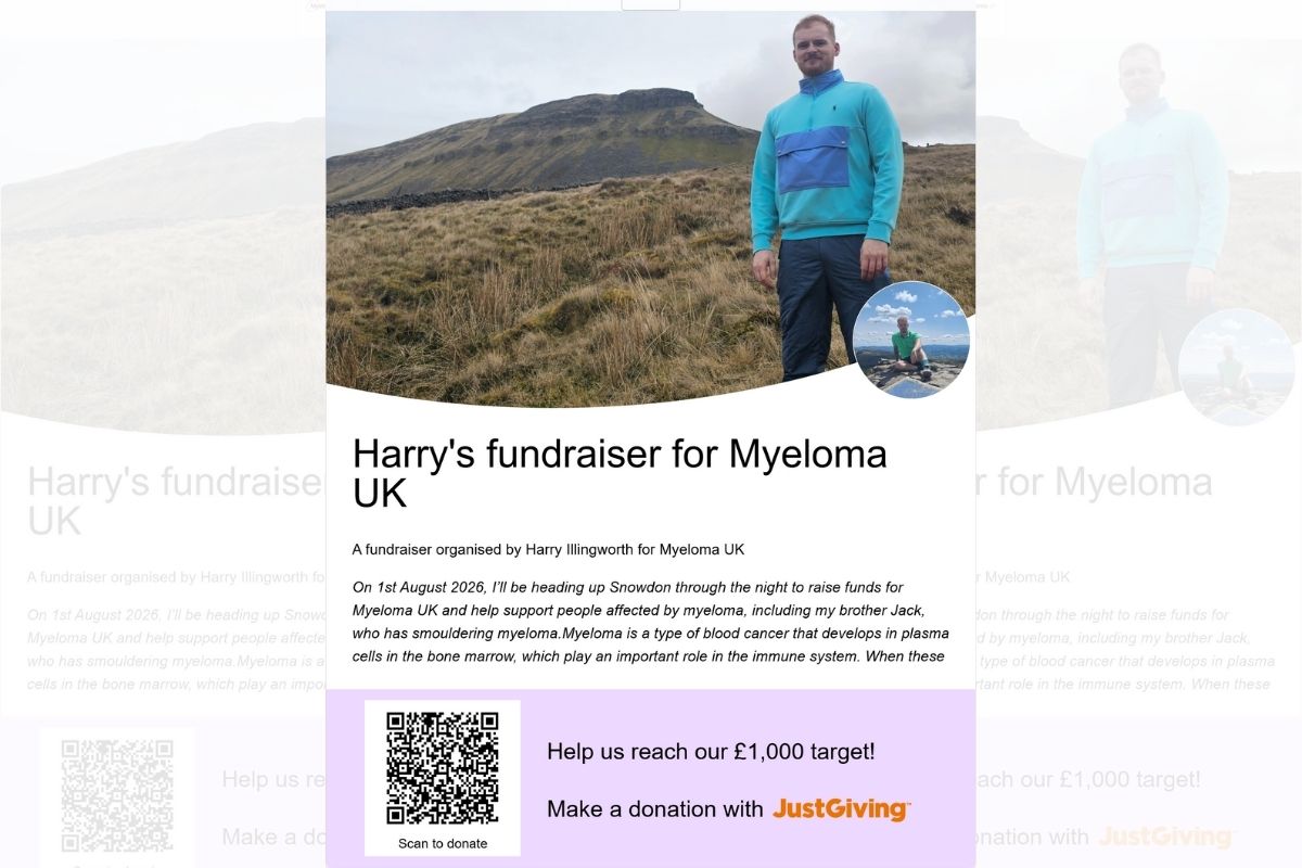 A fundraising link page with two photos of Harry during hiking. The poster also includes a QR code for people to donate.