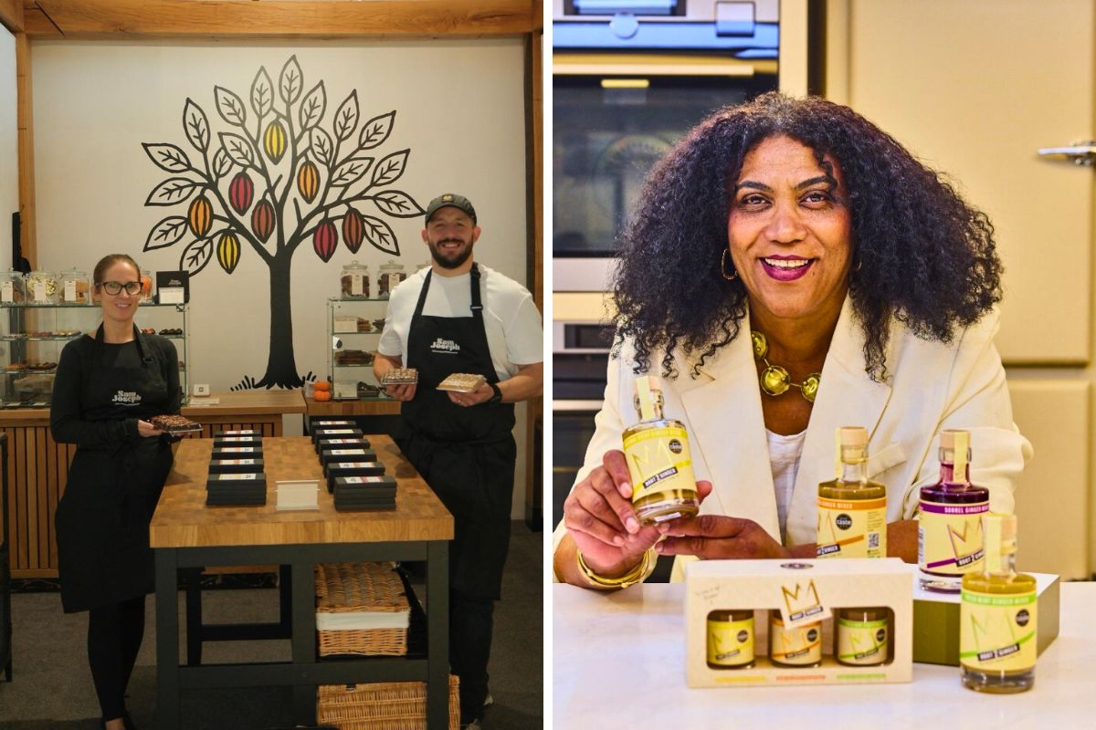 Two photos split vertically. The left photo is of two smiling people looking at the camera while holding some of their Sam Joseph Chocolates products by a table. The right photo is of a woman, smiling at the camera, holding one of her Root2Ginger products on a table filled with more of them on display.