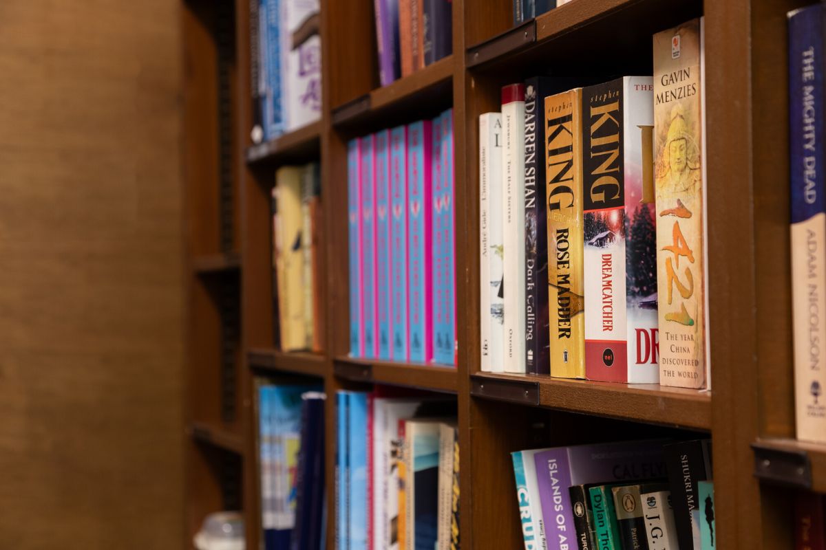 A selection of books on University library shelves. Among the author names visible are Stephen King, Darren Shan and Gavin Menzies.