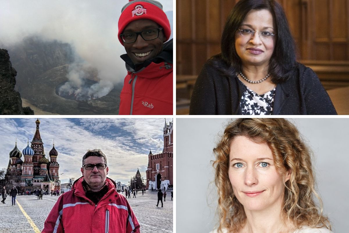 A collage of four images. The top left is a man in a hat and coat, smiling in front of a rock formation emitting a cloud of gas. The top right is a woman in black, looking at the camera. The bottom left is a man in a coat standing in Red Square, Russia, with distinctive architecture in the background. The bottom right is a headshot of a woman smiling at the camera.