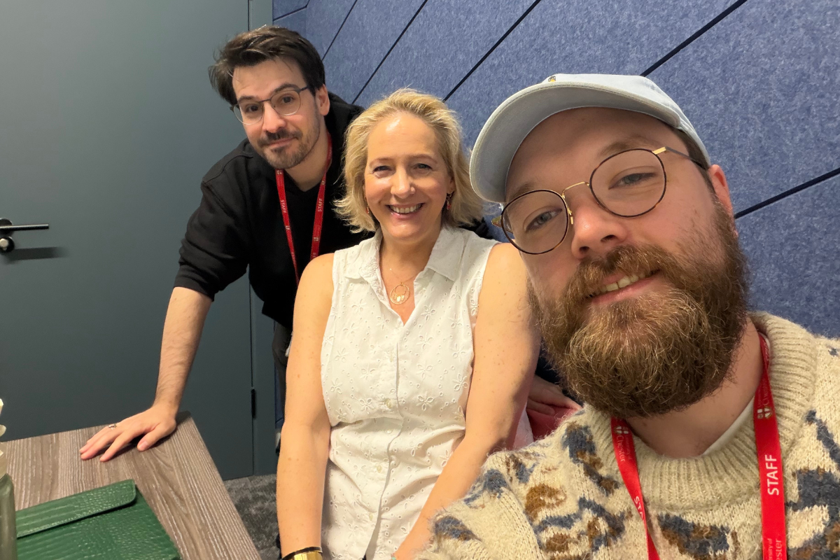 A selfie of three people looking at the camera, smiling. Left to right, Dr Kevin Hochard, Dr Clea Wright and Dr Connor Pell.