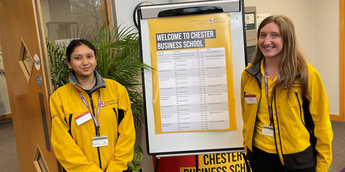 Two female Student Ambassadors during a Business School Open Day