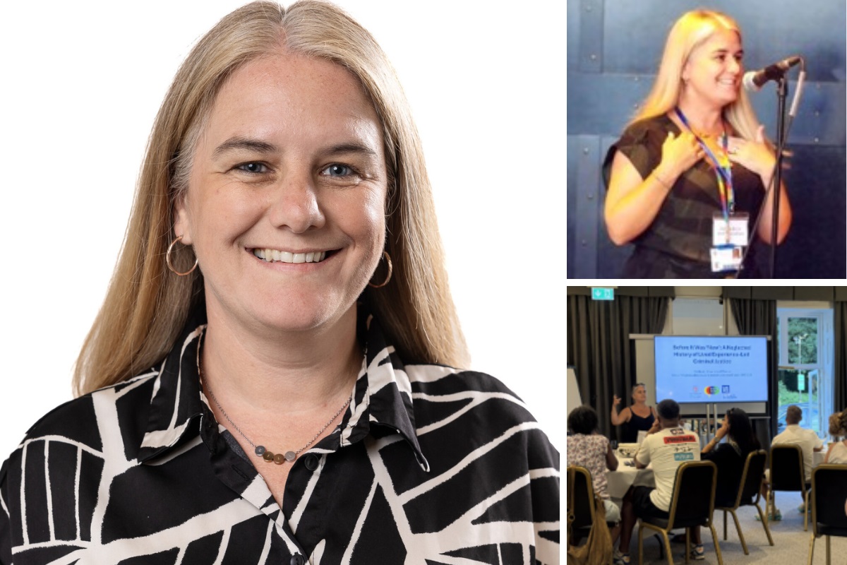Three images; the left one is a head-and-shoulders photo of Gill Buck smiling at the camera. The top right image is a photo of Gill Buck speaking in front of a microphone. The bottom right image is Gill Buck giving a presentation before several people in a room.
