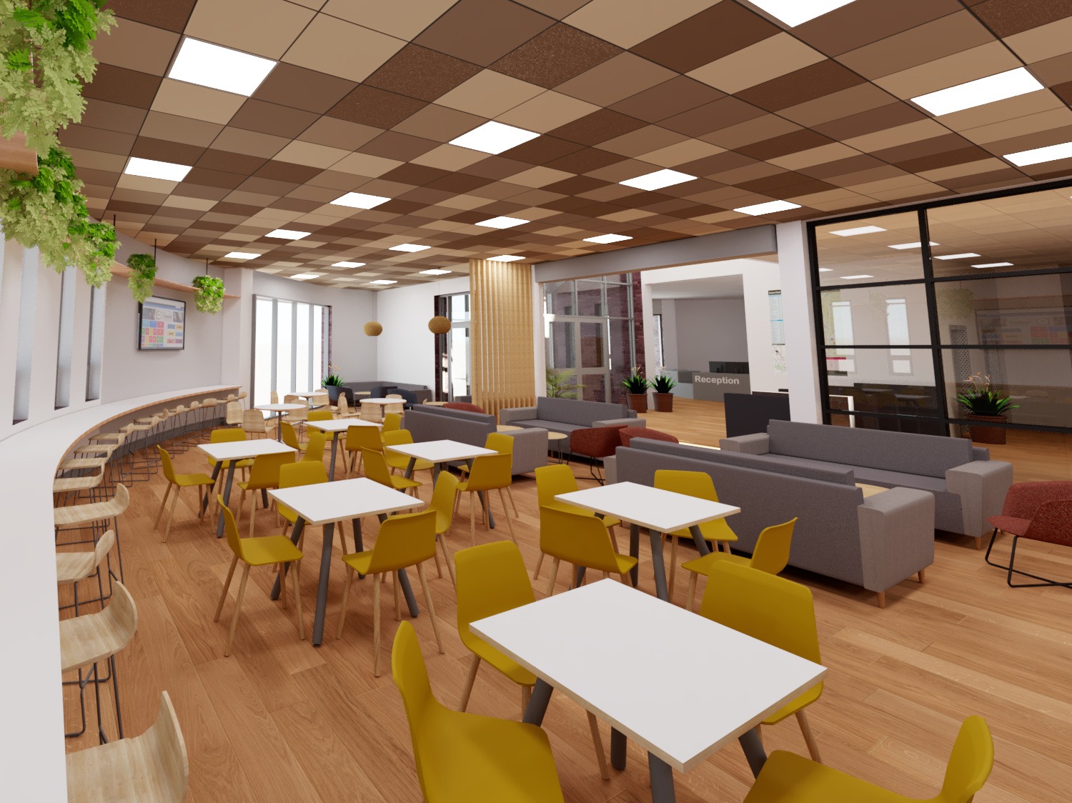 Contemporary student hub featuring café seating, social sofas, wood flooring, and a welcoming open‑plan design.