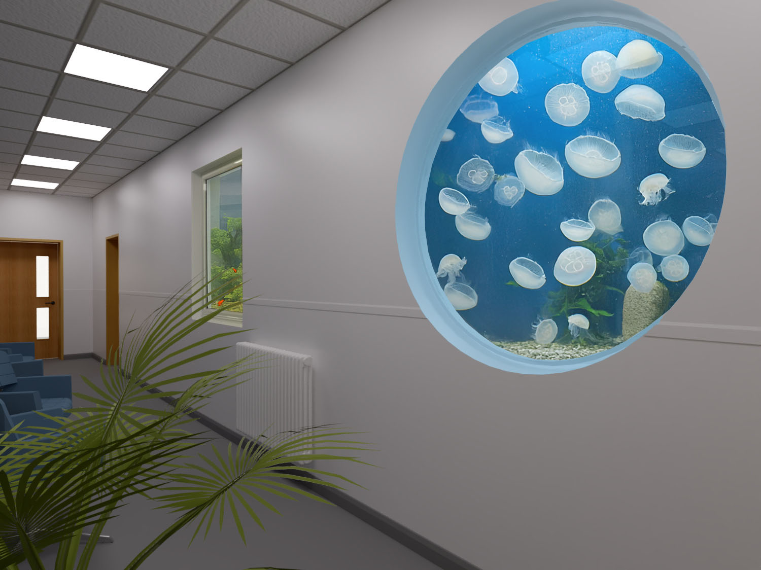 Modern hallway with a circular wall aquarium filled with jellyfish.
