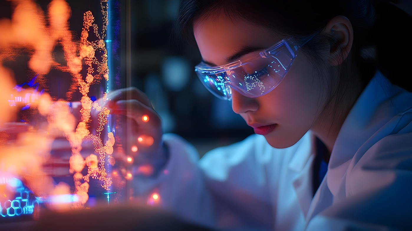 A woman wearing a lab coat studies a computer screen, representing research at the University of Chester's Faculty of Science.