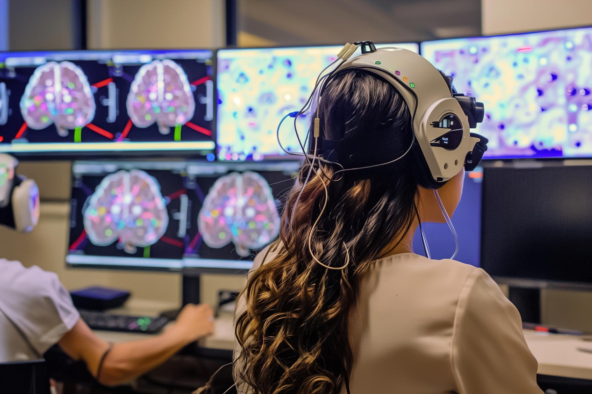 Student using advanced brain-monitoring equipment in a psychology lab, analysing neurological data on multiple screens to support forensic biology research and investigative science.
