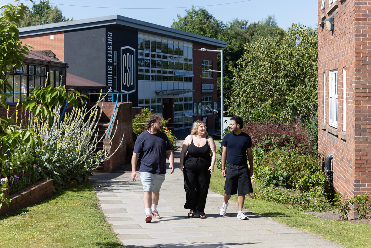 Students walking along the pavement, with the CSU building in the background